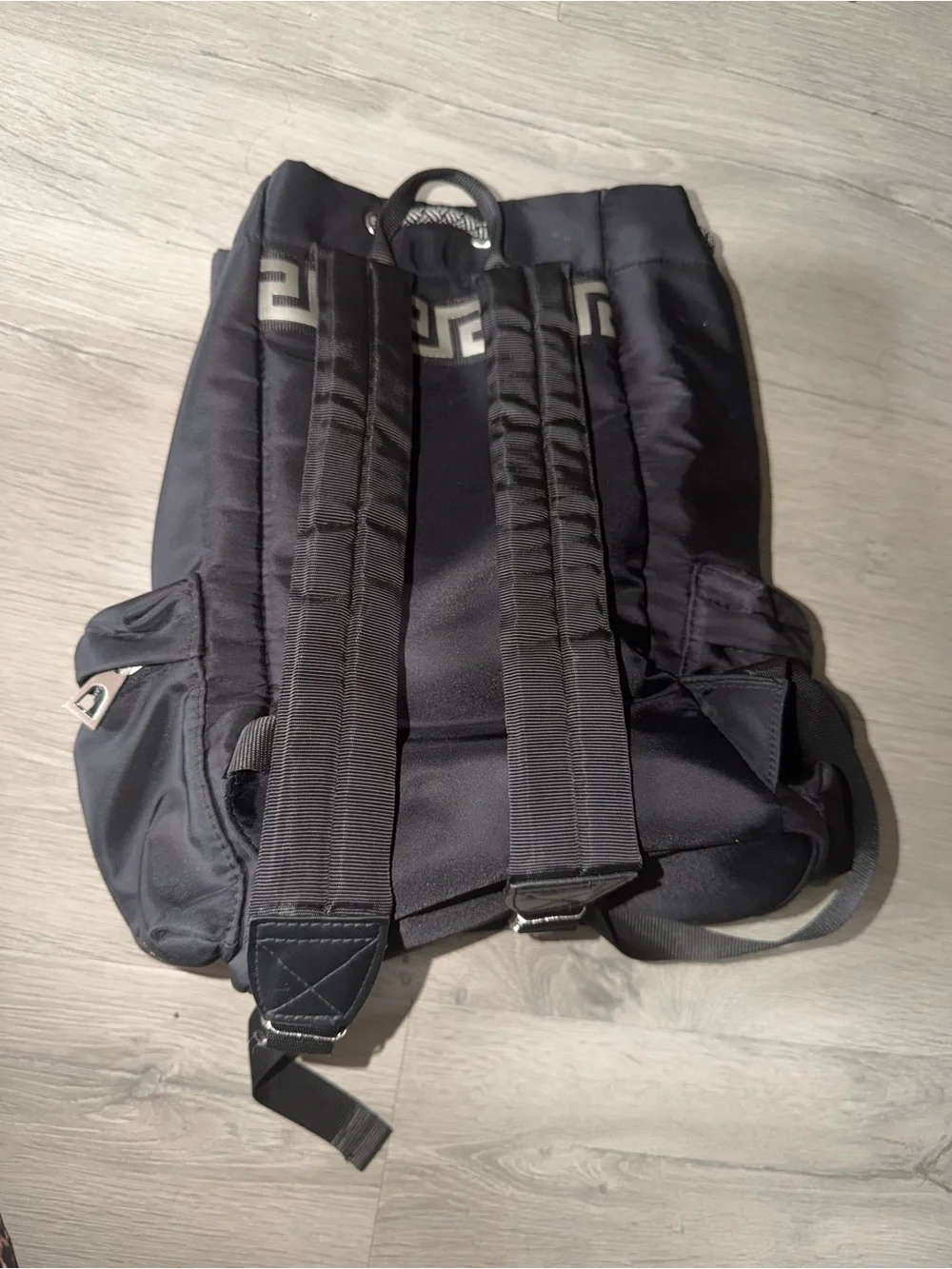 Versace Black Nylon Drawstring Backpack with Front Zip Pocket